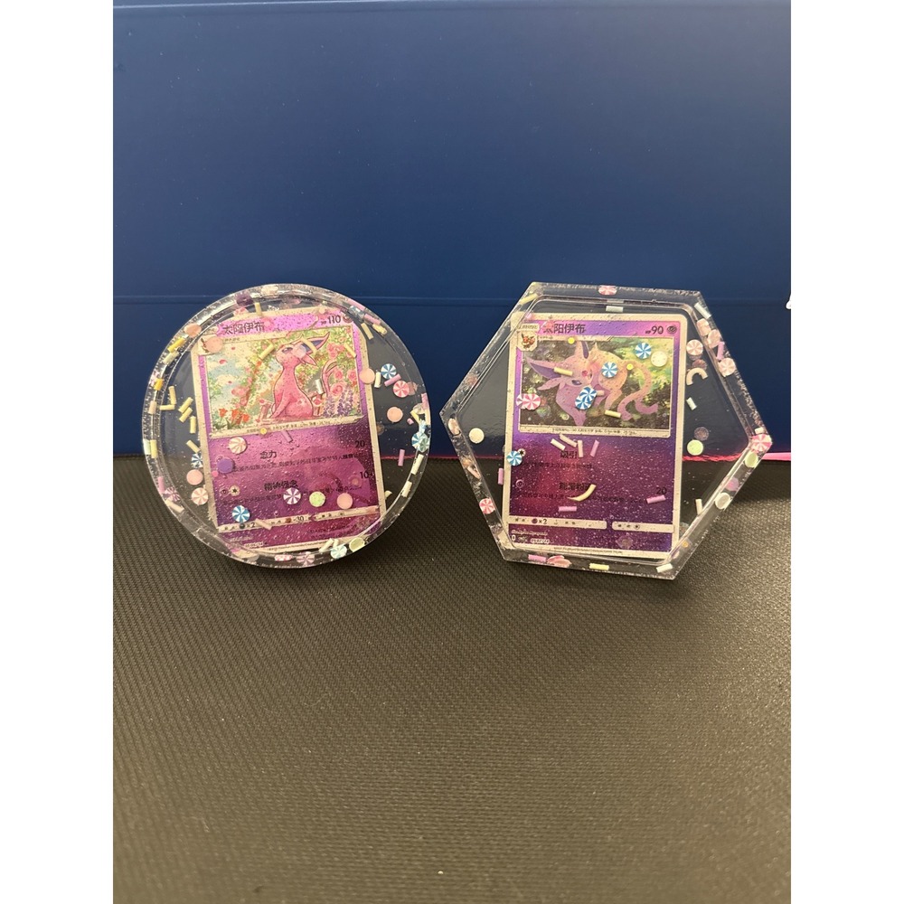 Handmade Espeon Pokemon Card Resin Coasters Set of 2 Hexagon Round Candy Theme